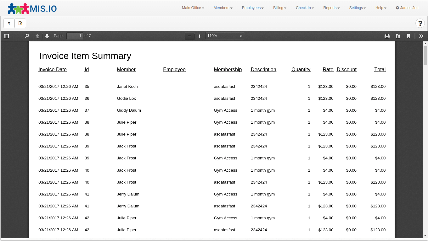 Invoice Item Summary Report For Gym Software
